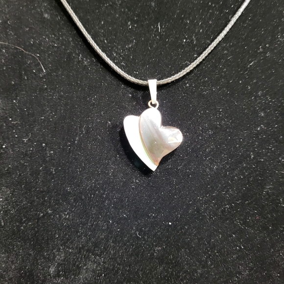 Vintage Carved Smokey Black with Applied Inlayed Silver Tone Metal Heart Pendant - Picture 6 of 16